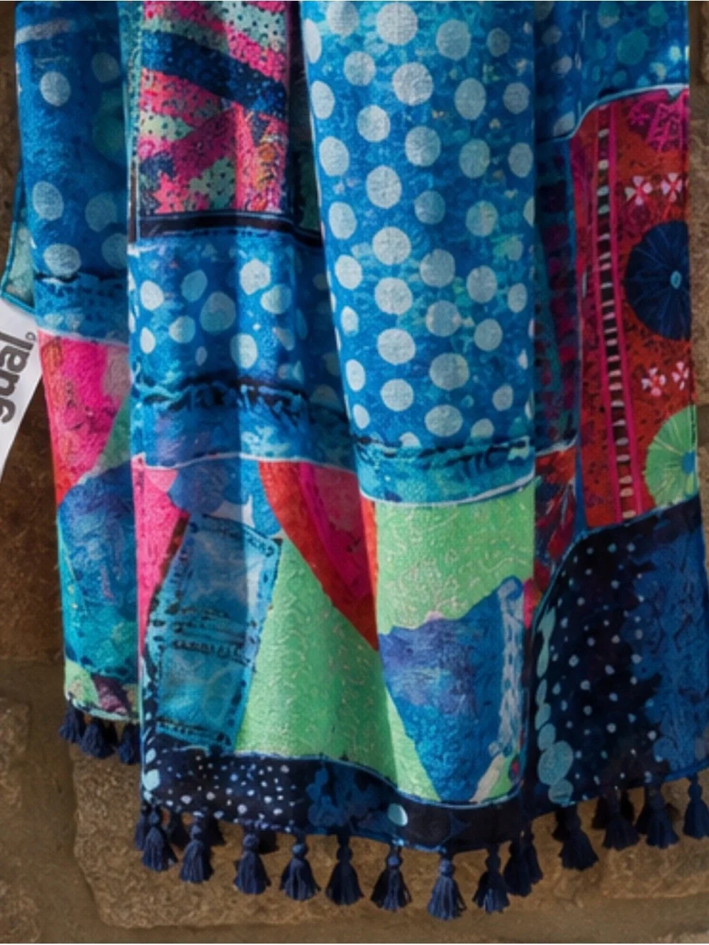 Desigual Blue Patchwork Tassel Scarf | Lightweight Colorful Wrap Shawl